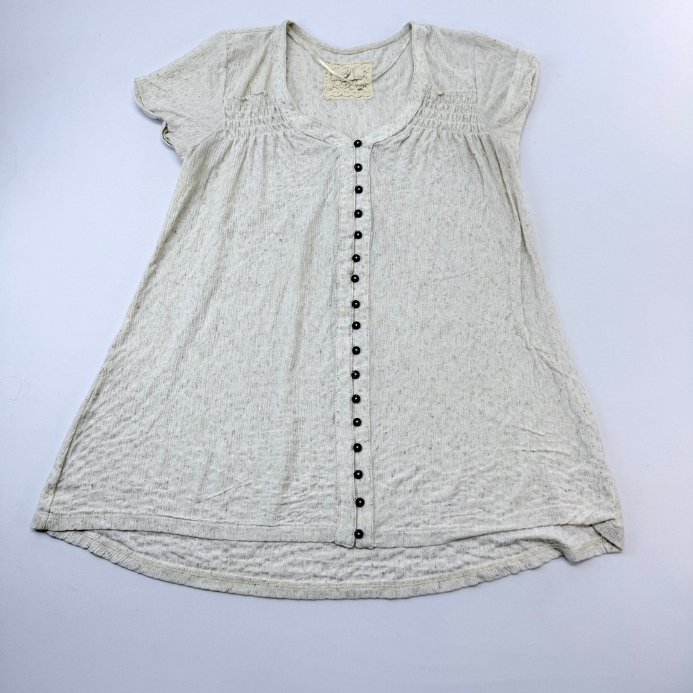 Cupio Blush Womens XS Beige Linen Blend Button Front Smocked Tunic Top C2336